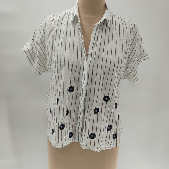 Sz S Madewell Striped Embroidered Button Up Blouse Top Short Sleeve white - Picture 12 of 16